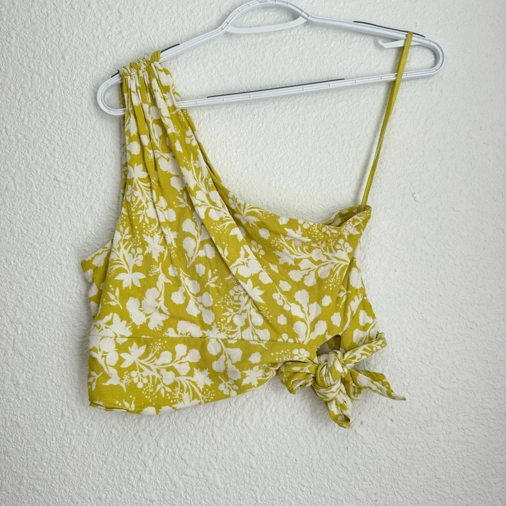 Free People Carmen one shoulder yellow tropical cropped tie blouse top size S